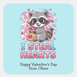 Personalized Cute Raccoon Classroom Valentine Quadratischer Aufkleber