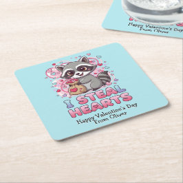 Personalized Cute Raccoon Classroom Valentine Rechteckiger Pappuntersetzer
