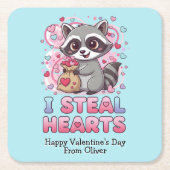 Personalized Cute Raccoon Classroom Valentine Rechteckiger Pappuntersetzer (Vorderseite)