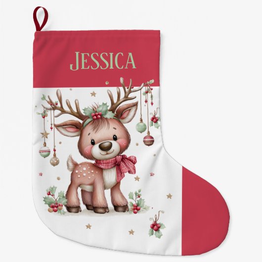 Personalized Cute Reindeer Großer Weihnachtsstrumpf (Vorderseite)