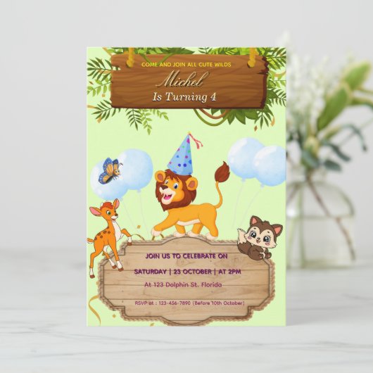Personalized Cute Safari Birthday Party Invitation Einladung (Stehend Vorderseite)