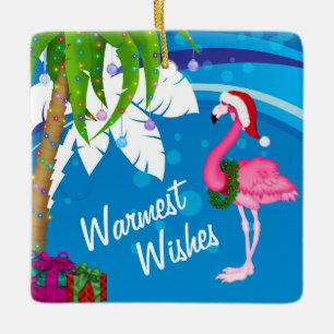 Personalized Cute Santa Flamingo Beach Christmas Keramikornament
