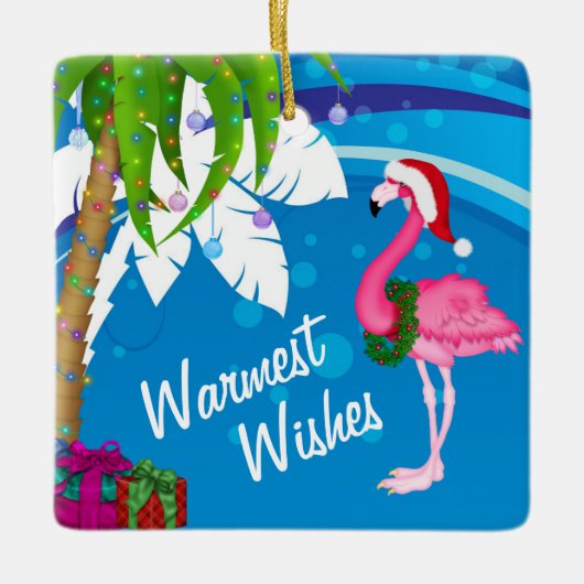 Personalized Cute Santa Flamingo Beach Christmas Keramikornament (Vorderseite)