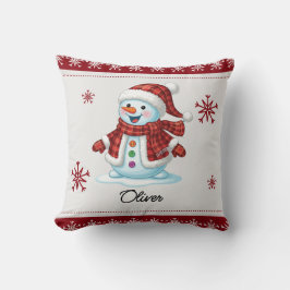 Personalized Cute Snowman Red Plaid Kids Christmas Kissen