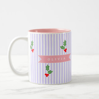 Personalized Cute Striped Holiday Christmas Holly  Zweifarbige Tasse