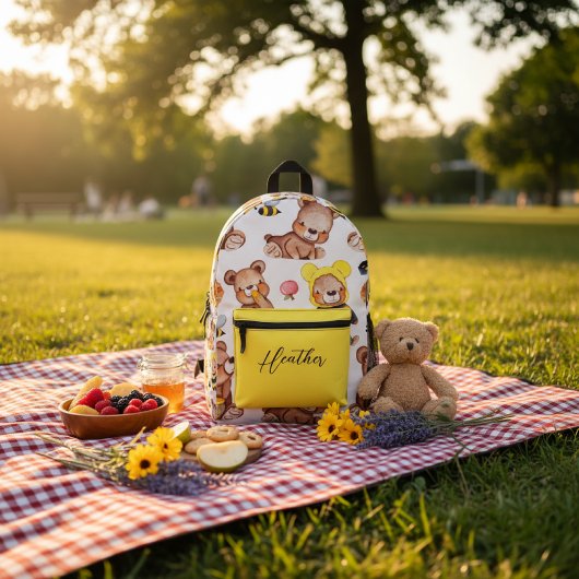 Personalized Cute Teddy Bear Bees & Honey Pattern Bedruckter Rucksack