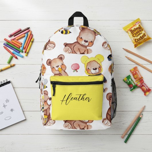 Personalized Cute Teddy Bear Bees & Honey Pattern Bedruckter Rucksack
