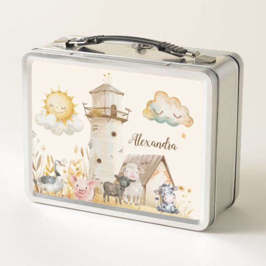 Personalized Cute Watercolor Farm Animals  Metall Brotdose (Rückseite)