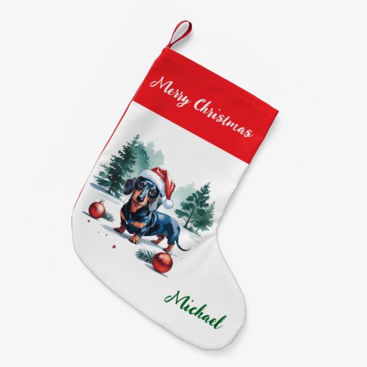 Personalized Dachshund in Santa Hat Christmas Kleiner Weihnachtsstrumpf (Vorderansicht (hängend))