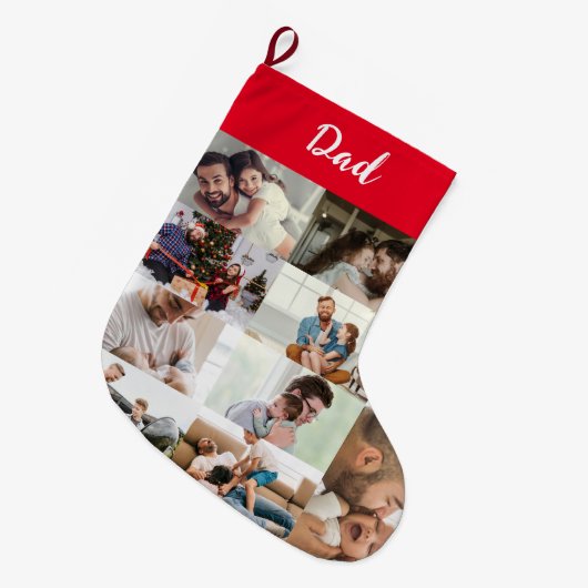 Personalized Dad Photo Collage Christmas Stocking Großer Weihnachtsstrumpf (Vorderansicht (hängend))