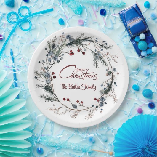 Personalized Delicate Christmas Floral Wreath Pappteller (Party)