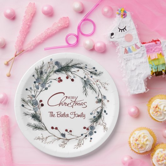 Personalized Delicate Christmas Floral Wreath Pappteller (Party)