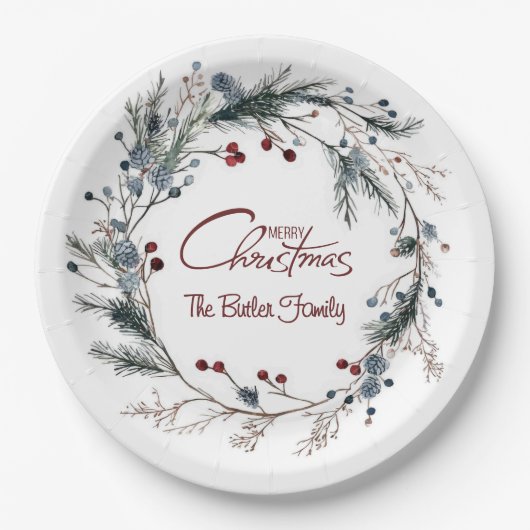Personalized Delicate Christmas Floral Wreath Pappteller (Vorderseite)
