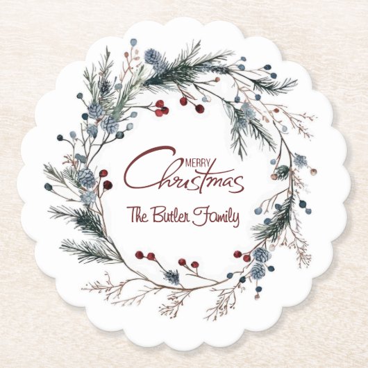 Personalized Delicate Christmas Floral Wreath Untersetzer (Vorderseite)