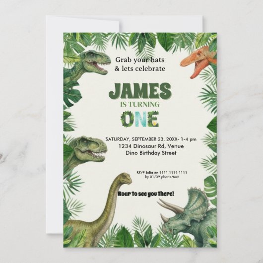 Personalized Dino 1st Birthday Invitation Suite Einladung (Vorderseite)