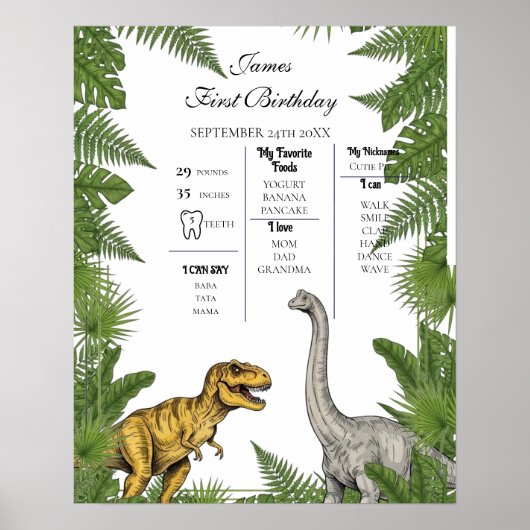 Personalized Dino 1st Birthday Milestone Poster (Vorne)