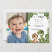 Personalized Dino 1st Birthday Photo Thank You Car Dankeskarte (Vorderseite)