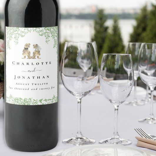 Personalized Dinosaur Bride & Groom Wedding Weinetikett