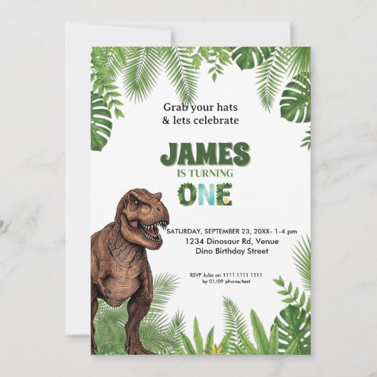 Personalized Dinosaur Jungle 1st Birthday Invite Einladung (Vorderseite)