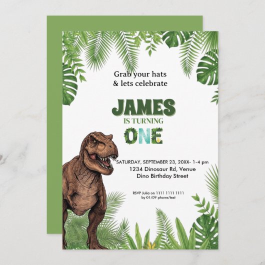 Personalized Dinosaur Jungle 1st Birthday Invite Einladung (Vorne/Hinten)