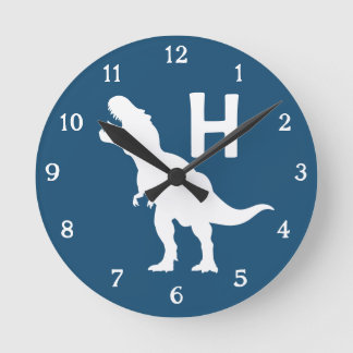Personalized Dinosaur Kids Wall Clock Blue T-Rex Runde Wanduhr