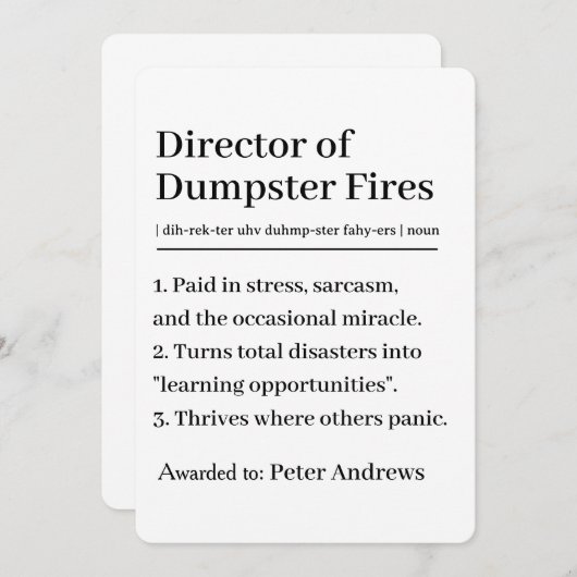 Personalized Director of Dumpster Fires Card Einladung (Vorne/Hinten)