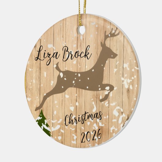 Personalized doe Christmas bauble wooden backgroun Keramik Ornament (Links)