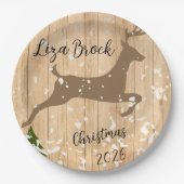 Personalized doe Christmas bauble wooden backgroun Pappteller (Vorderseite)