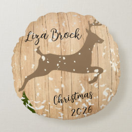 Personalized doe Christmas bauble wooden backgroun Rundes Kissen