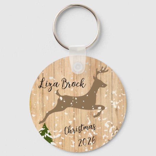 Personalized doe Christmas bauble wooden backgroun Schlüsselanhänger (Vorderseite)