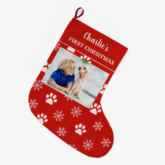 Personalized Dog Photo Name First Christmas Dog Großer Weihnachtsstrumpf (Vorderansicht (hängend))