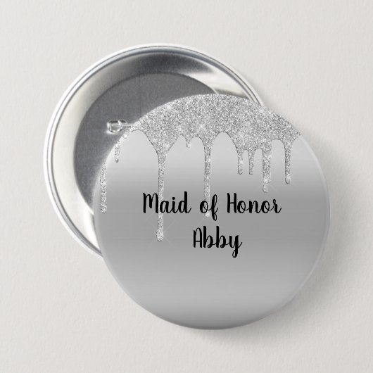 Personalized Dripping Glitter Silver Maid of Honor Button (Vorne & Hinten)