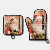 Personalized Dusty Santa Red tartan Merry Holidays Ofenhandschuh & Topflappen-Set (Vorderseite)