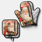 Personalized Dusty Santa Red tartan Merry Holidays Ofenhandschuh & Topflappen-Set (Vorderseite/Rückseite)