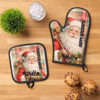 Personalized Dusty Santa Red tartan Merry Holidays Ofenhandschuh & Topflappen-Set