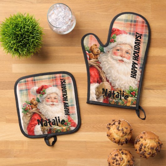 Personalized Dusty Santa Red tartan Merry Holidays Ofenhandschuh & Topflappen-Set (Oben Unten)