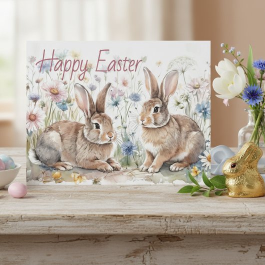 Personalized Easter Bunnies And Floral Watercolor Postkarte