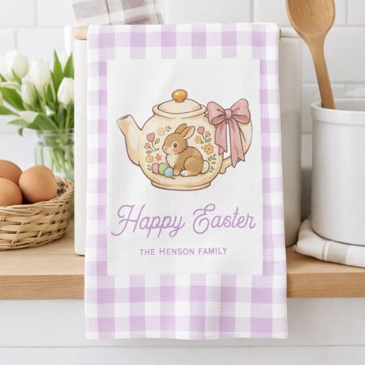 Personalized Easter Bunny Teapot Gingham Family Geschirrtuch