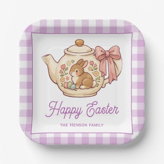 Personalized Easter Bunny Teapot Gingham Family Pappteller (Vorderseite)