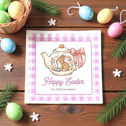 Personalized Easter Bunny Teapot Gingham Family Serviette