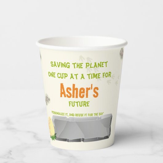 Personalized Eco Friendly Orange Dino Birthday Pappbecher (Rückseite)