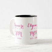 Personalized Elegant New Mom Name Est Pink Script Zweifarbige Tasse (Vorderseite Links)