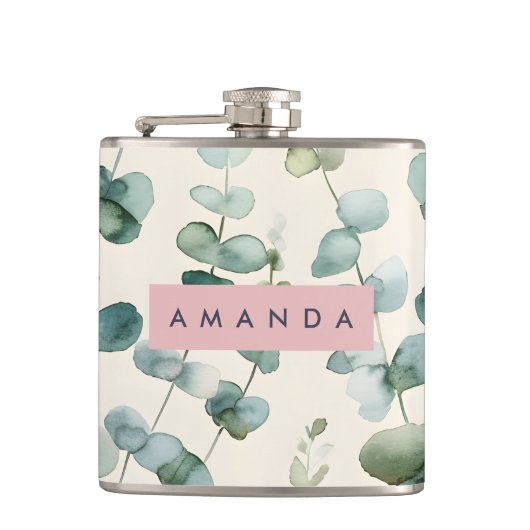 Personalized Elegant Pastel Eucalyptus Leaves Flachmann (Vorderseite)