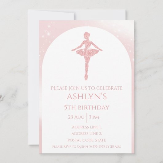 Personalized Elegant Pink Glitter Ballet Birthday Einladung (Vorderseite)