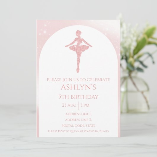 Personalized Elegant Pink Glitter Ballet Birthday Einladung (Stehend Vorderseite)