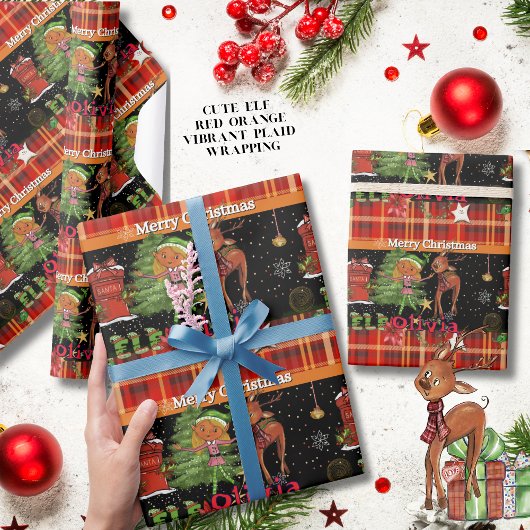 Personalized Elf Girl Name Christmas | Red Plaid Geschenkpapier
