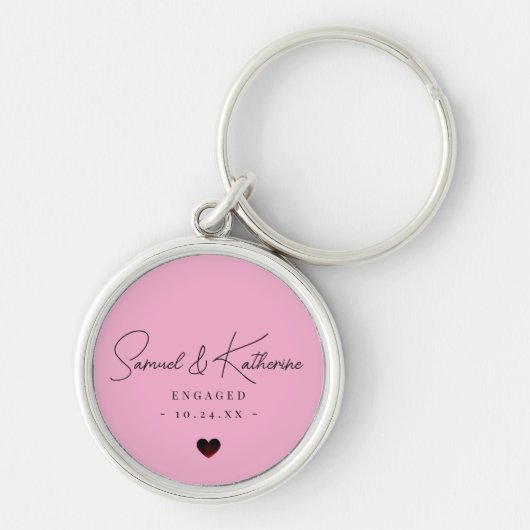 Personalized Engagement Date Pink Heart Script Schlüsselanhänger (Vorne)