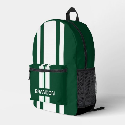 Personalized English Green And White Racing Stripe Bedruckter Rucksack (Rückseitige Ecke Rechts)
