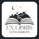 Personalized Ex Libris with a Book and Stars Heart Quadratischer Aufkleber<br><div class="desc">Personalized Ex Libris with a Book and Stars and Heart  Mountains-  From the library of -  reader of multiple genres,  romance,  fantasy,  adventure</div>