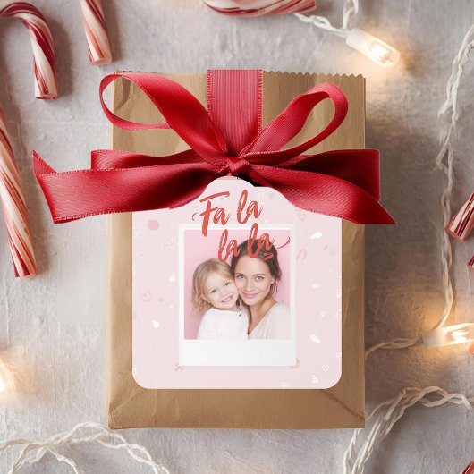 Personalized Fa La La La Pink Christmas Photo Quadratischer Aufkleber